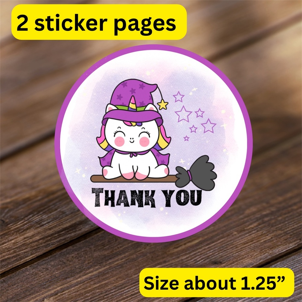 2 thank you sticker pages halloween unicorn size 1.25